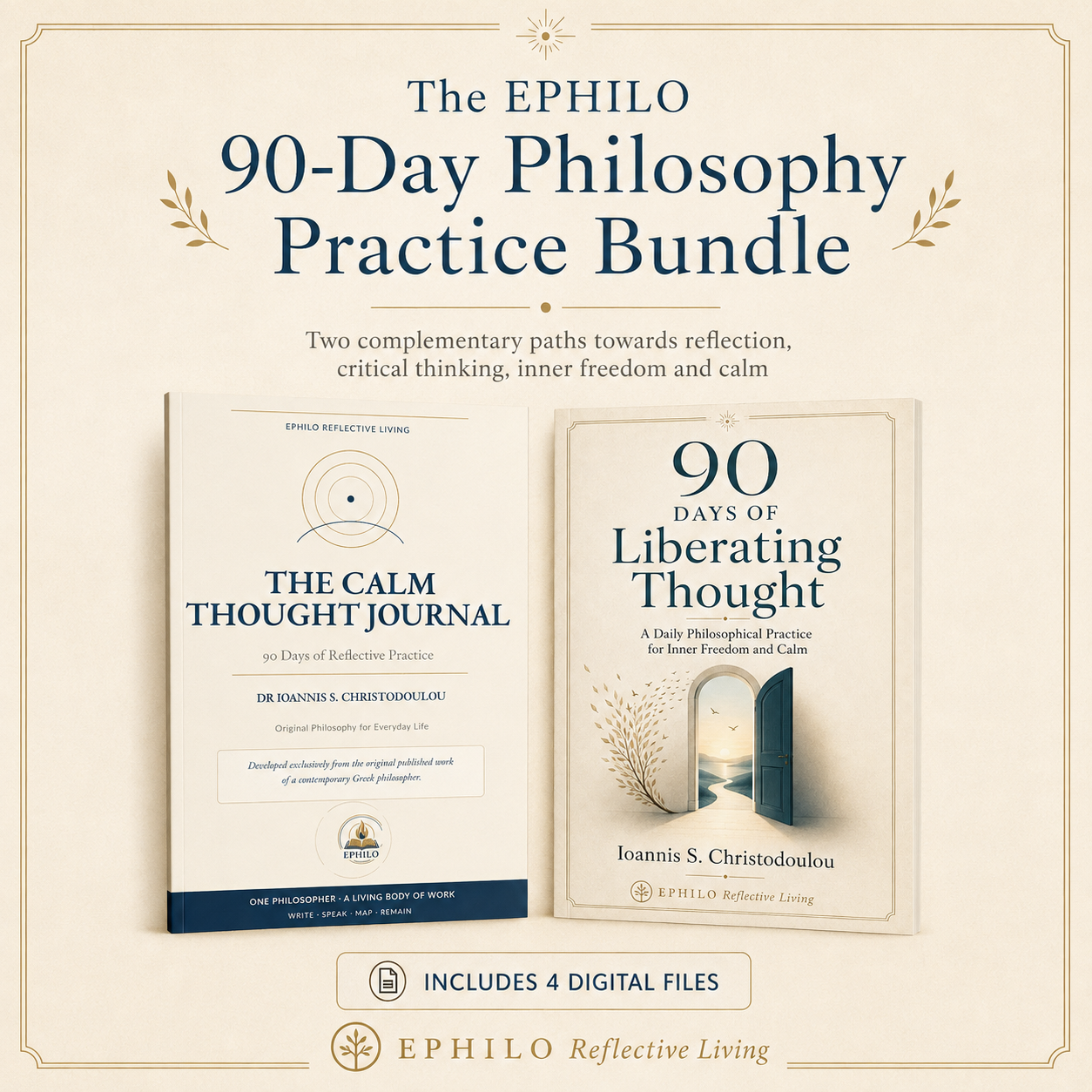 Covers of 90 Days of Liberating Thought and The Calm Thought Journal by Ioannis S. Christodoulou, included in the EPHILO 90-Day Philosophy Practice Bundle.