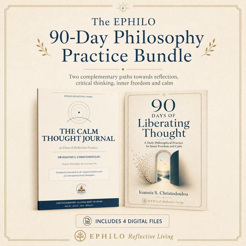 Covers of 90 Days of Liberating Thought and The Calm Thought Journal by Ioannis S. Christodoulou, included in the EPHILO 90-Day Philosophy Practice Bundle.