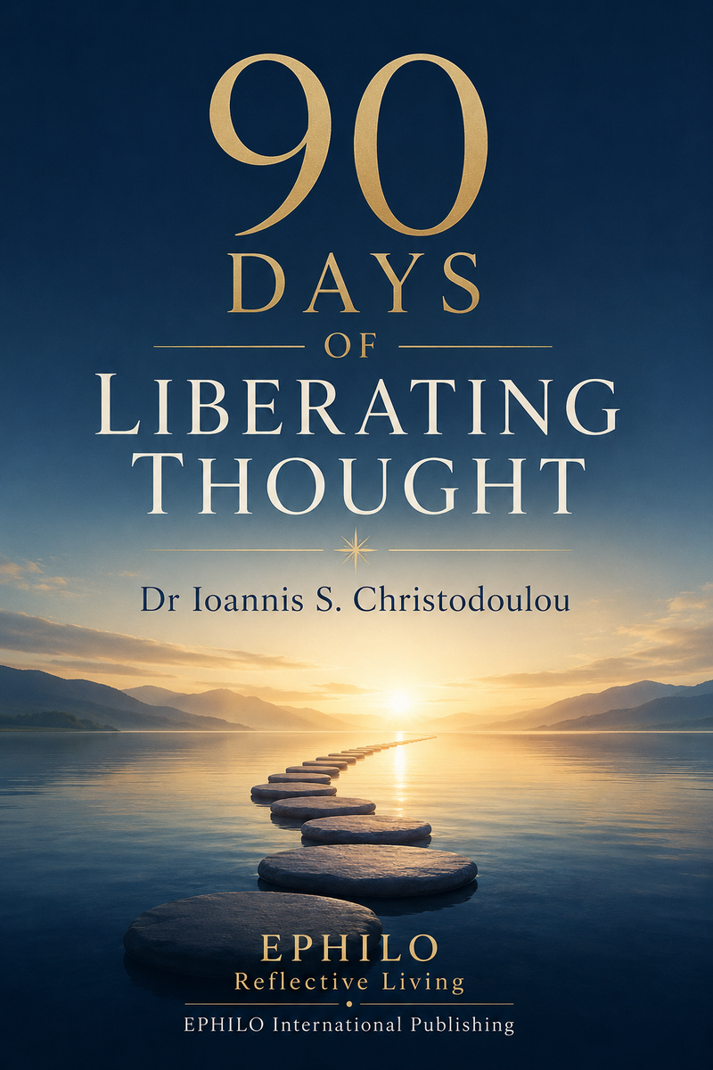 Cover of 90 Days of Liberating Thought: A Daily Philosophical Practice for Inner Freedom and Calm, by Ioannis S. Christodoulou. Published by EPHILO Reflective Living.