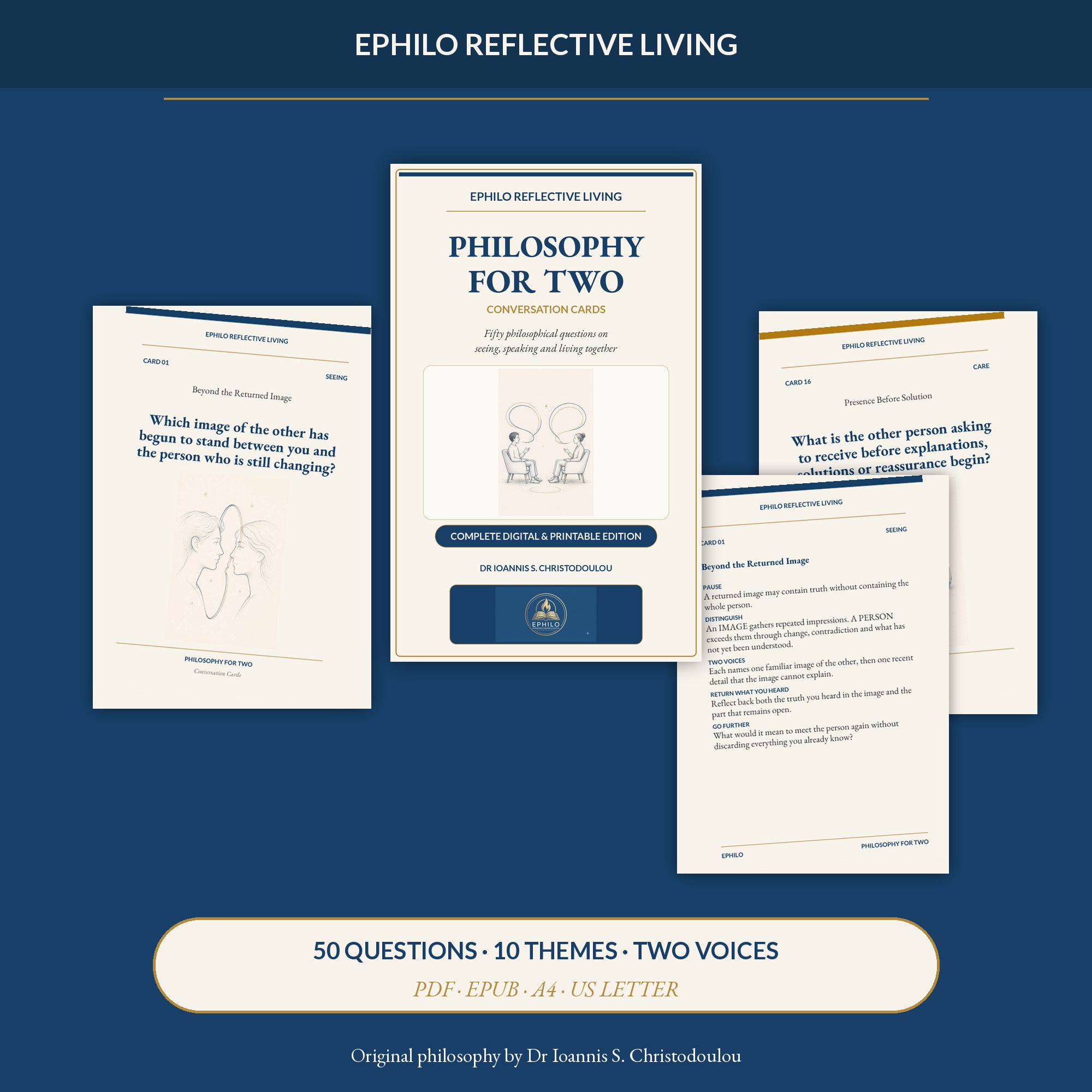Preview of the PHILOSOPHY FOR TWO philosophical conversation cards by Dr Ioannis S. Christodoulou, published by EPHILO.
