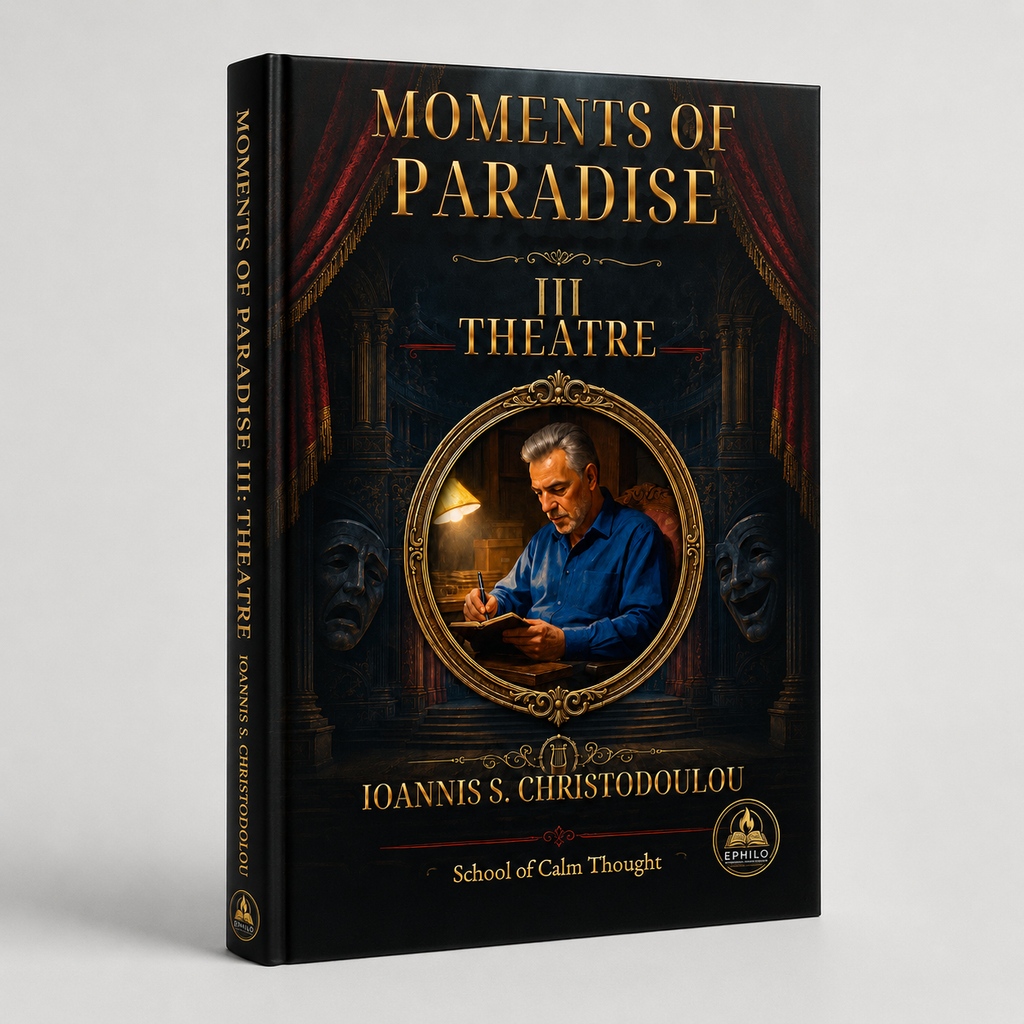 3D promotional mockup of Moments of Paradise III: Theatre by Ioannis S. Christodoulou — digital EPUB edition