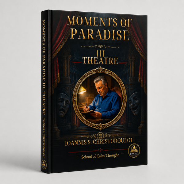 3D promotional mockup of Moments of Paradise III: Theatre by Ioannis S. Christodoulou — digital EPUB edition