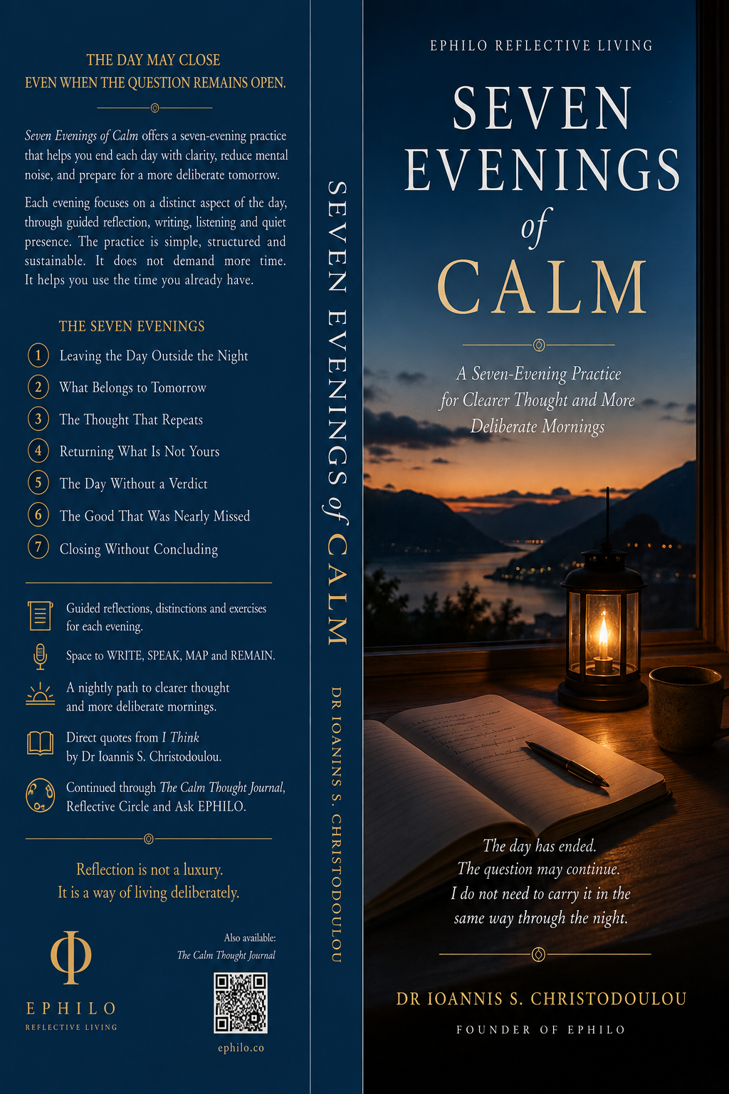 Front and back cover spread of Seven Evenings of Calm by Dr Ioannis S. Christodoulou, showing the seven evening titles and the EPHILO Reflective Living series design.