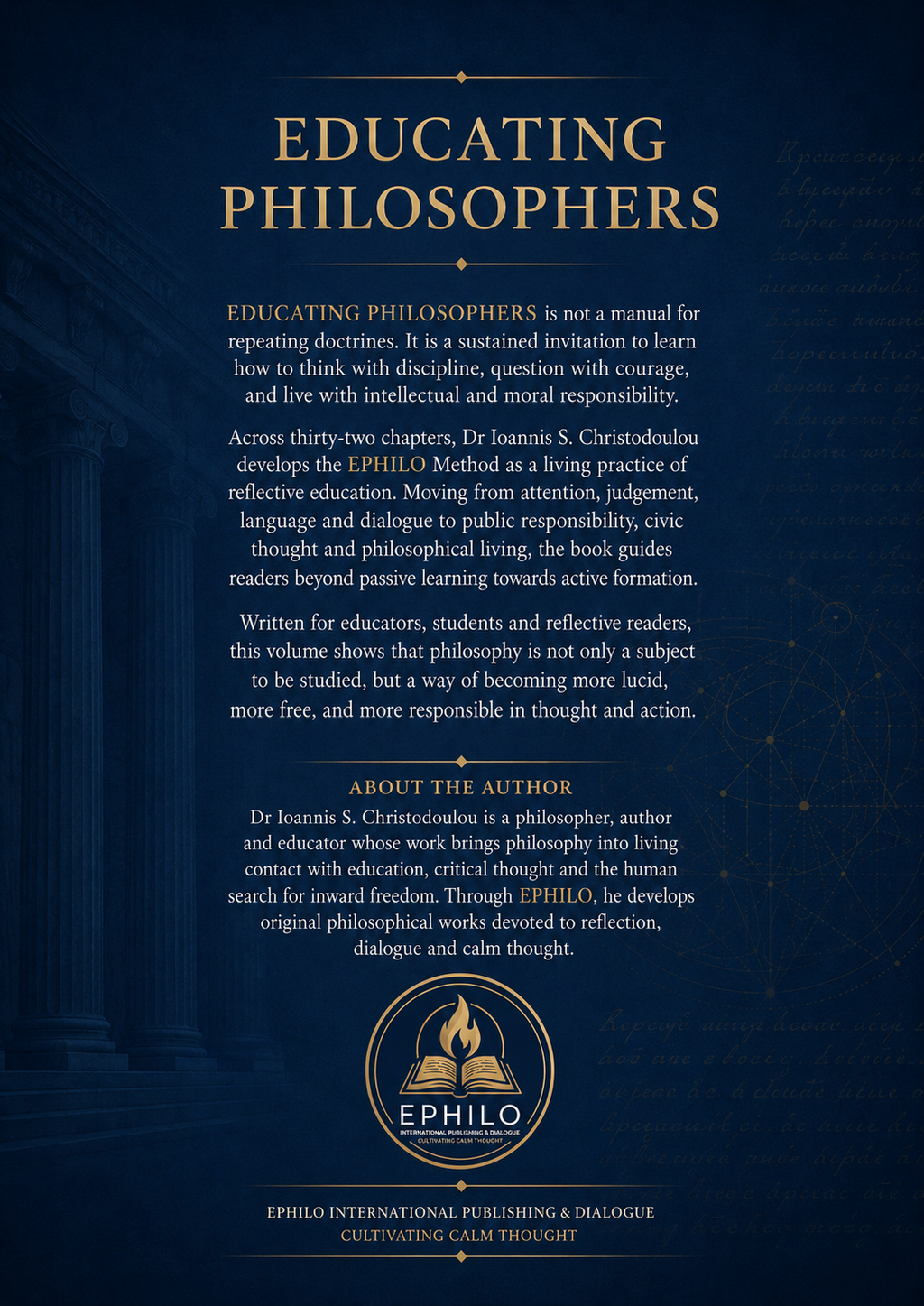 Educating Philosophers back cover with book description, author note and EPHILO International Publishing logo