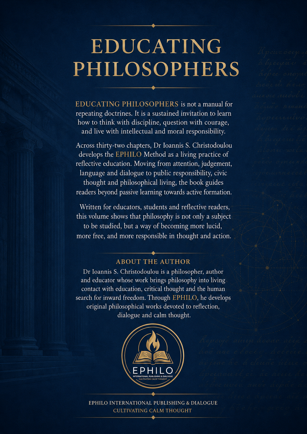 Educating Philosophers back cover with book description, author note and EPHILO International Publishing logo
