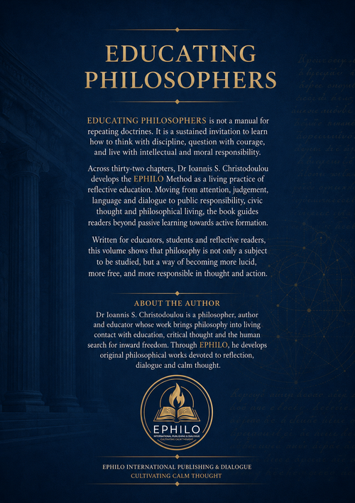 Educating Philosophers back cover with book description, author note and EPHILO International Publishing logo