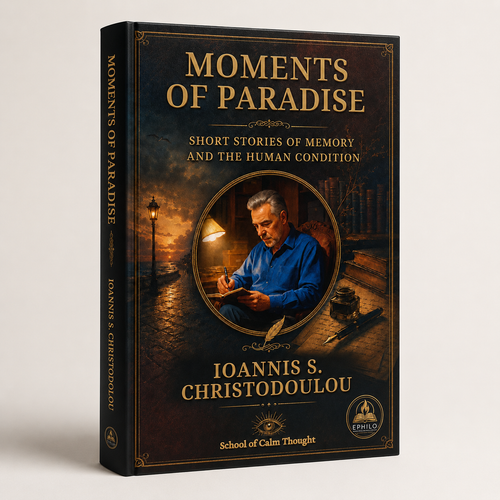 3D promotional mockup of Moments of Paradise by Ioannis S. Christodoulou — digital EPUB edition