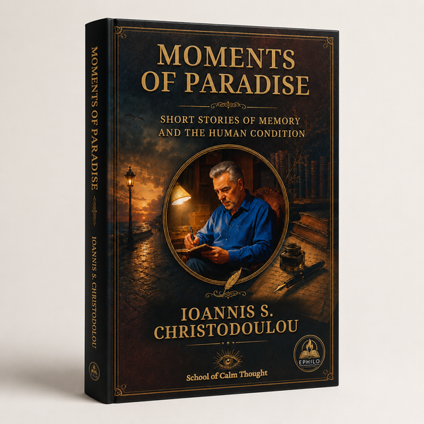 3D promotional mockup of Moments of Paradise by Ioannis S. Christodoulou — digital EPUB edition